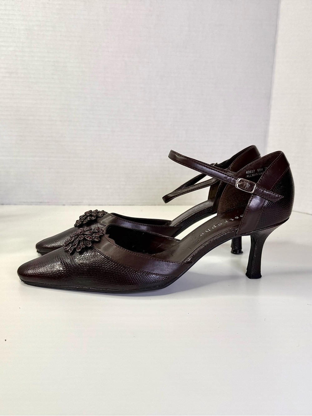 Apostrophe Jett Brown Pointed Toe Mary Jane Strappy Kitten Heels Women's Size 7M - Picture 5 of 16
